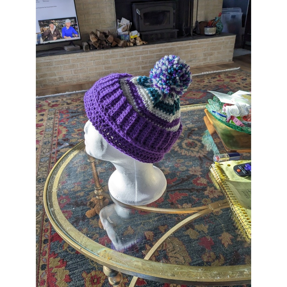 Hand Knit Winter Beanie Hat Purple, Green Cream One-Size. Great Stocking Stuffer